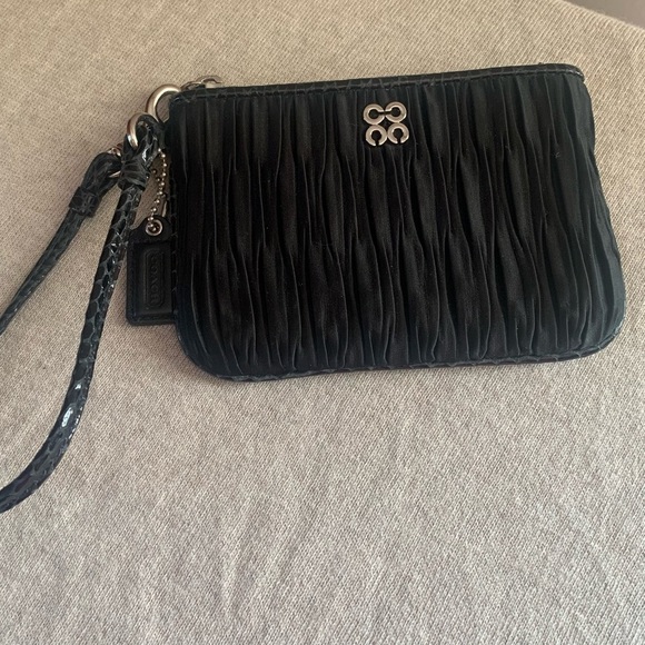 Coach Black Satin Runched Wristlet with Snakeskin Leather Trim - Picture 1 of 10